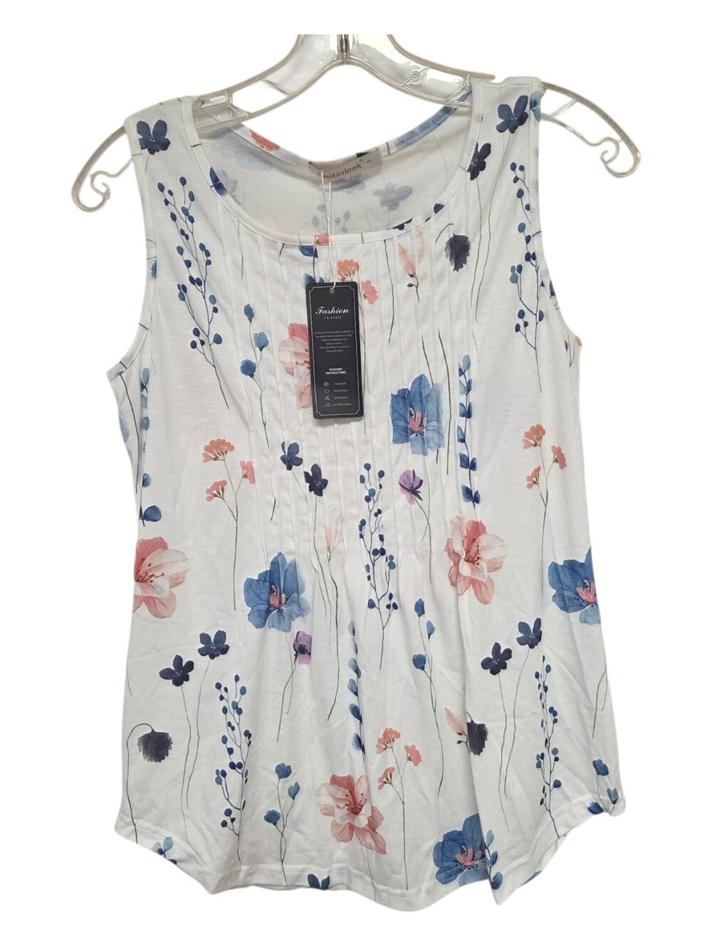 Sleeveless Floral Print Tank Top - White/Blue/Pink, Pleated Front, Small